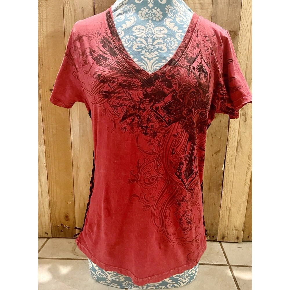 Affliction Women’s Size L Red Black Lace Up Sides Bedazzled Cross Short Sleeves